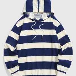 Two Tone Striped Drawstring Pullover Hoodie