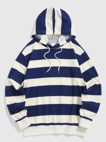 Two Tone Striped Drawstring Pullover Hoodie