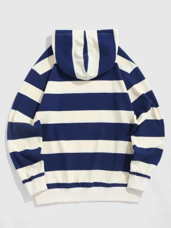 Two Tone Striped Drawstring Pullover Hoodie