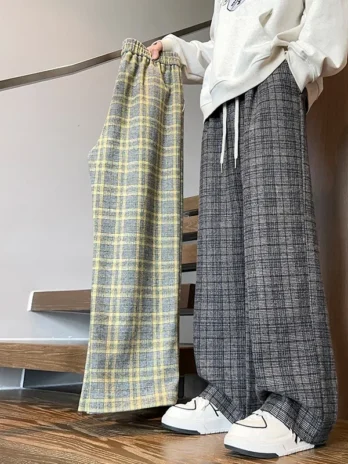 Plaid Baggy Fleece Loose Straight Wide Leg Pants