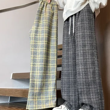 Plaid Baggy Fleece Loose Straight Wide Leg Pants