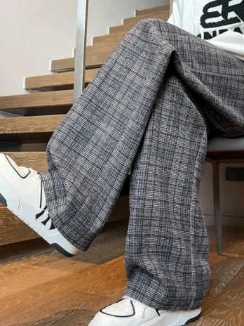 Plaid Baggy Fleece Loose Straight Wide Leg Pants