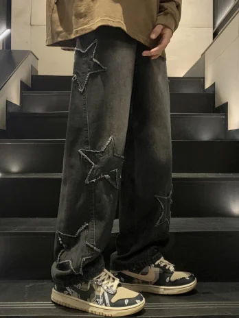 Star Embroidery Straight Casual Denim Jeans