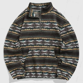 Ethnic Aztec Printed Fuzzy Fleece Quarter Zip Closure 