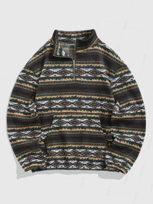 Ethnic Aztec Printed Fuzzy Fleece Quarter Zip Closure 
